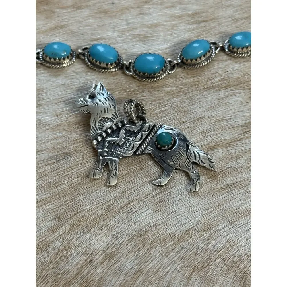 Native American 925 SW Sterling Silver Turquoise Husky Wolf Dog Pendant Detailed - Picture 8 of 9
